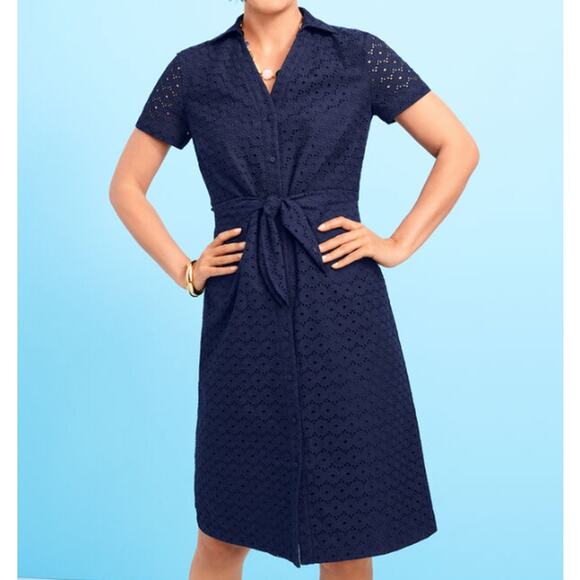 Talbots Dress 4 Navy Knee Eyelet Tie Front Shirt Cotton Sailor Mod Career Church - Picture 1 of 12